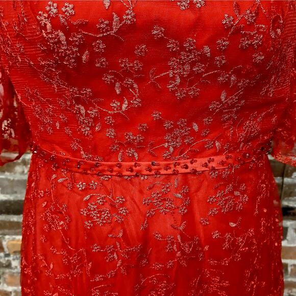 Womens Mother of the Bride Red Lace Evening Dress Medium Beaded Formal Gown - Picture 6 of 12